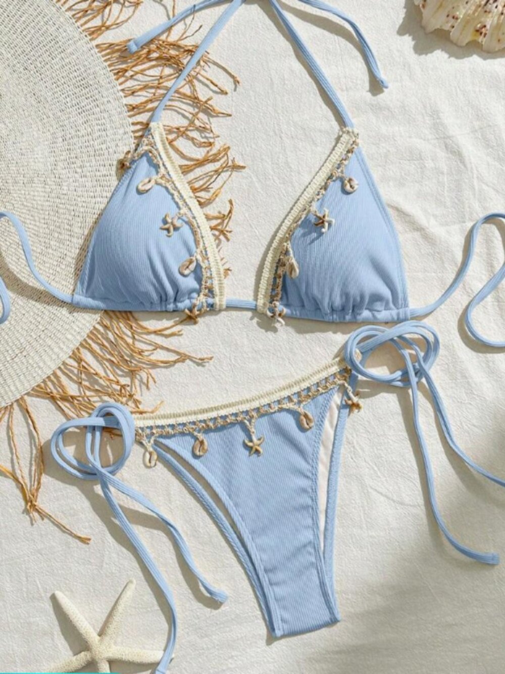 Women's Blue Shell Trim Triangle Bikini Set Lace Up Beach Swimwear Two Piece - Picture 1 of 4